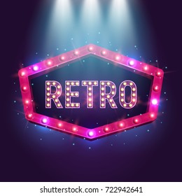 Shining retro billboard illuminated by spotlights. Vintage bright sign board for your design. Vector illustration.