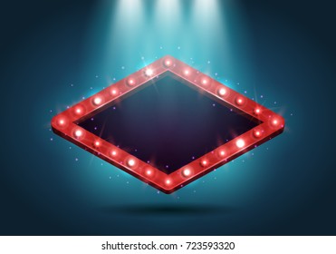 Shining retro billboard illuminated by spotlights. Vintage bright sign board for your design. Vector illustration.
