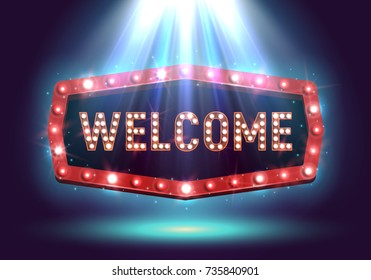 Shining retro billboard illuminated by spotlights. Vintage bright sign board for your design. Vector illustration.