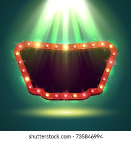 Shining retro billboard illuminated by spotlights. Vintage bright sign board for your design. Vector illustration.