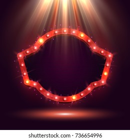 Shining retro billboard illuminated by spotlights. Vintage bright sign board for your design. Vector illustration.