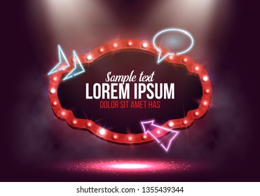 Shining retro billboard with neon signs and smoke illuminated by spotlights. Vintage bright sign board for your design. Vector illustration.