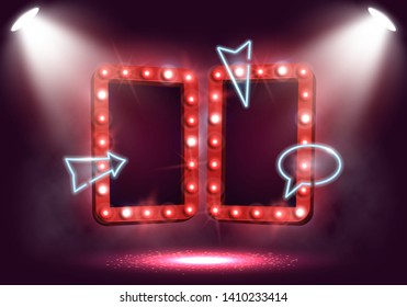 Shining retro billboard with neon signs and smoke illuminated by spotlights. Vintage bright sign board for your design. Vector illustration.