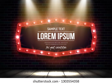 Shining retro billboard on brick wall background illuminated by spotlights. Vintage bright sign board for your design. Vector illustration.