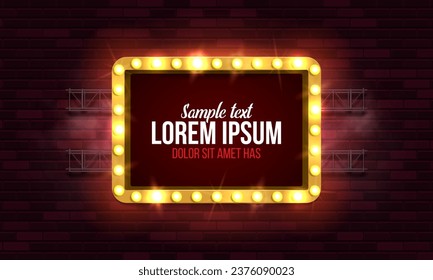 Shining retro billboard on brick wall background. Vintage bright sign board for your design. Vector illustration.