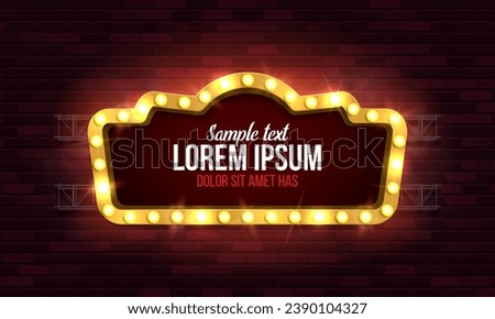 Shining retro billboard on brick wall background. Vintage bright sign board for your design. Vector illustration.