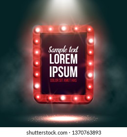 Shining retro billboard with smoke illuminated by spotlights. Vintage bright sign board for your design. Vector illustration.
