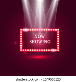 Shining retro billboard with spotlights and glowing light effect. Vintage theater sign on dark red background. vector illustration.