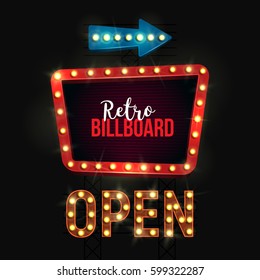 Shining retro billboard. Vintage bright sign board for your design. Vector illustration.