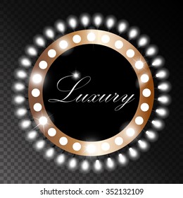 Shining retro bronze circle vintage banner with lights and lamps on transparent chess board background. Vector illustration