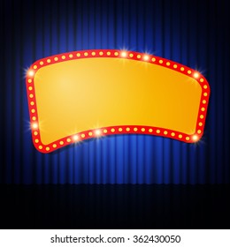 Shining retro casino banner on stage curtain. Vector illustration