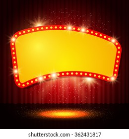 Shining retro casino banner on stage curtain. Vector illustration