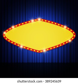 Shining retro casino banner on stage curtain. Vector illustration