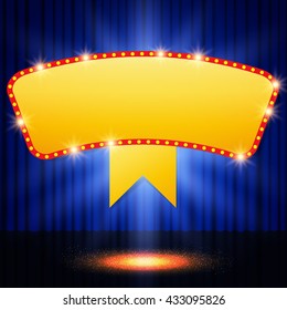 Shining retro casino banner on stage curtain. Vector illustration