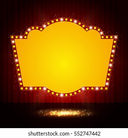 Shining retro casino banner on stage curtain. Vector illustration