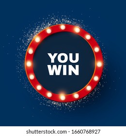 Shining retro circle light sing. Vintage banner with light bulbs. Cinema, theatre, ad, show and casino design