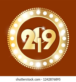 Shining retro gold and red circle vintage banner with lights on orange background. Christmas and New Year 2019 concept. Vector illustration