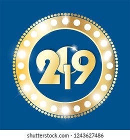 Shining retro gold and red circle vintage banner with lights on blue background. Christmas and New Year 2019 concept. Vector illustration