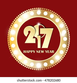 Shining retro gold and red circle vintage banner with lights on black background. New Year 2017 concept. Vector illustration