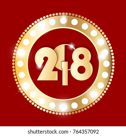 Shining retro gold and red circle vintage banner with lights on black background. New Year 2018 concept. Vector illustration