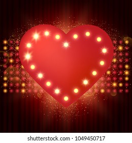 Shining retro heart on stage curtain. Vector illustration