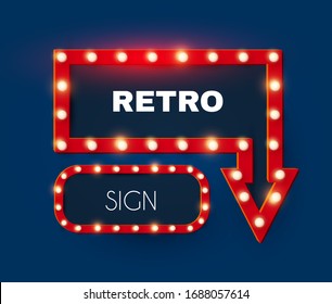 Shining retro light arrow and rectangle sing set. Vintage banner with light bulbs. Cinema, theatre, ad, show and casino design.