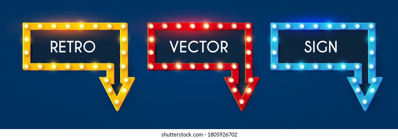 Shining retro light arrow sing set. Vintage banner with light bulbs. Cinema, theatre, ad, show and casino design.