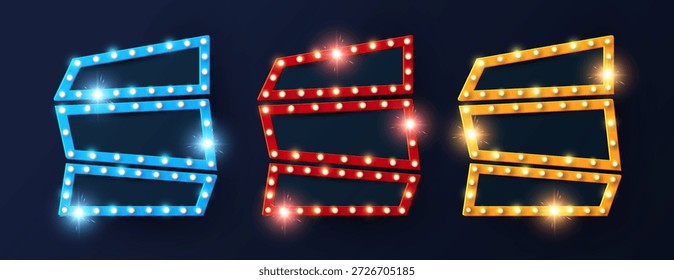 Brilhante coleção de banner de luz retrô. Casino, jogo, jogo, cinema, venda.