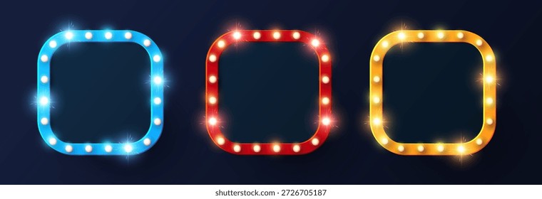 Brilhante coleção de banner de luz retrô. Casino, jogo, jogo, cinema, venda.