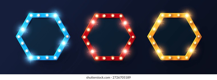 Brilhante coleção de banner de luz retrô. Casino, jogo, jogo, cinema, venda.