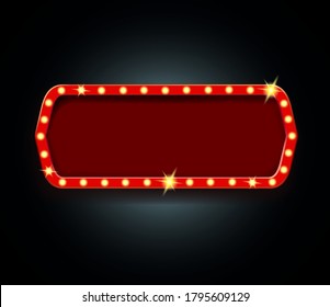 Shining retro light banner. Frame with glowing lights and blank space. Poker, cards, roulette and lottery winners banner Vector illustration.