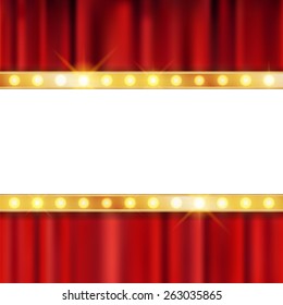 Shining retro light banner on the red curtain theatre background