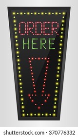 Shining retro light banner Order here on a black background.vector