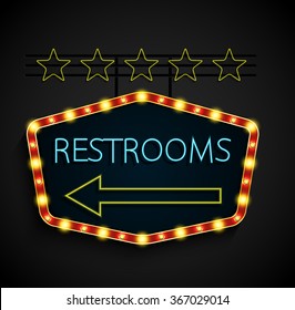 Shining retro light banner restrooms on a black background.vector