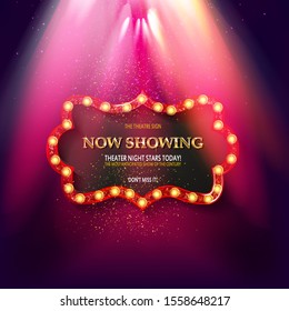 Shining retro light banner. Vector illustration. Frame cinema in beams of light and bright flashes