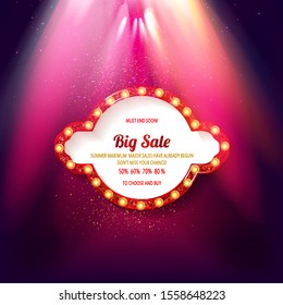 Shining retro light banner. Vector illustration. Frame cinema in beams of light and bright flashes