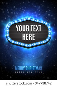 Shining Retro-Banner-Vorlage in Weihnachten und Happy neues Jahr Stil auf blauem Hintergrund mit hellen Strahlen und Sternen.  Vektorgrafik EPS10