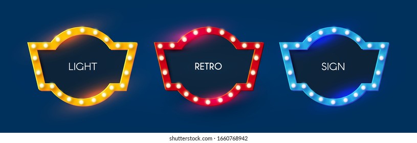 Shining retro light sing set. Vintage banner with light bulbs. Cinema, theatre, ad, show and casino design.