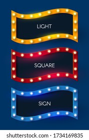 Shining retro light sing set. Vintage banner with light bulbs. Cinema, theatre, ad, show and casino design.