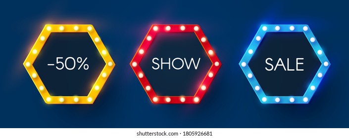 Shining retro light sing set. Vintage banner with light bulbs. Cinema, theatre, ad, show and casino design.