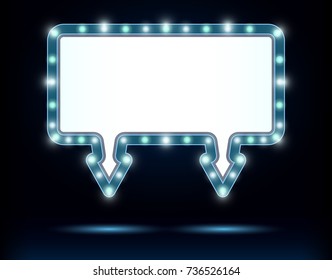 Shining retro light style sign board.  Vintage bright billboard with arrow. Vector illustration