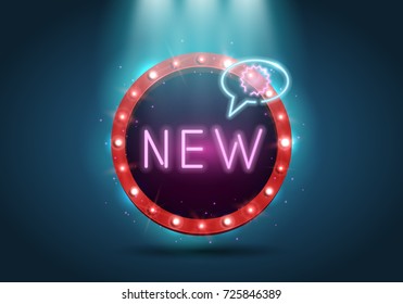 Shining retro neon billboard illuminated by spotlights. Vintage bright sign board for your design. Vector illustration.