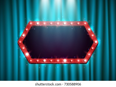 Shining retro neon billboard illuminated by spotlights on curtain. Vintage bright sign board for your design. Vector illustration.