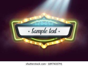 Shining retro neon billboard. Vintage bright sign board for your design. Vector illustration.