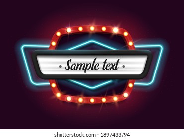 Shining retro neon billboard. Vintage bright sign board for your design. Vector illustration.
