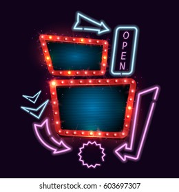 Shining retro neon billboard. Vintage bright sign board for your design. Vector illustration.