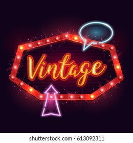 Shining retro neon billboard. Vintage bright sign board for your design. Vector illustration.