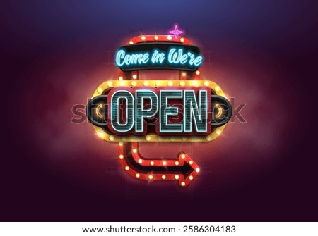 Shining retro neon sign Open with an arrow. Vintage billboard with neon lights. Vector illustration.
