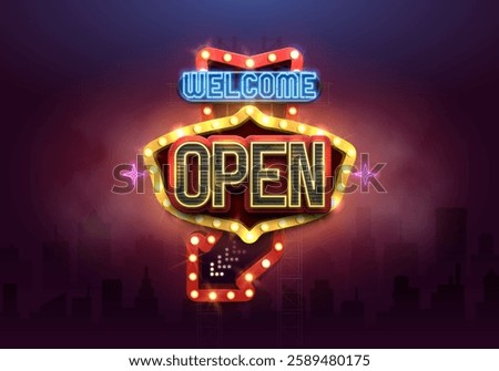 Shining retro neon sign Open with an arrow. Vintage billboard with neon lights. Vector illustration.