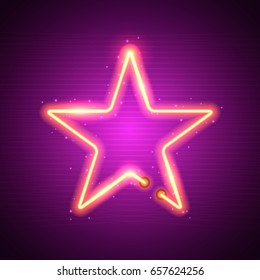 Shining retro neon star. Vintage bright sign board for your design. Vector illustration.